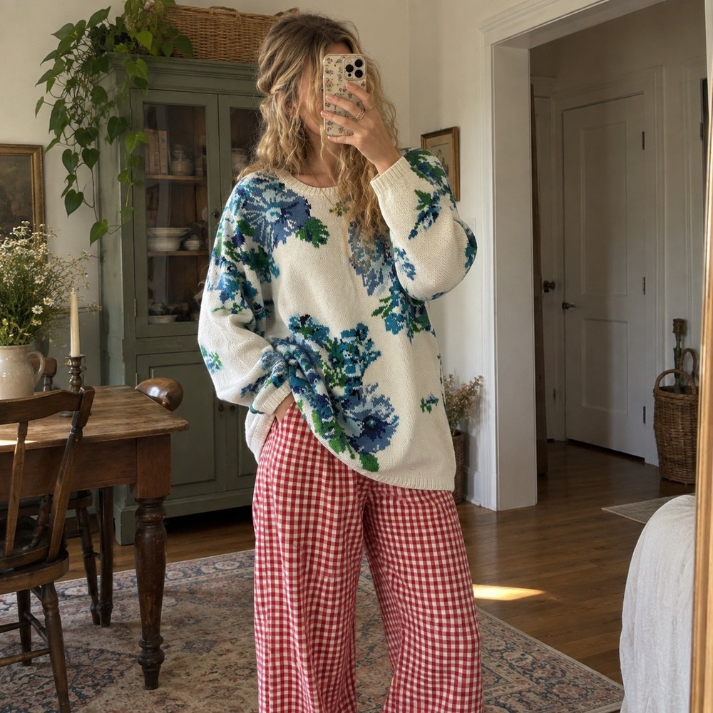 Coastal Grandma Cottage Core Floral Knit Sweater Womens XL Hydrangea Boho